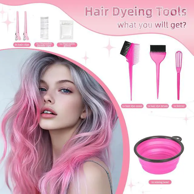 Alt view image 4 of 6 - 8 Pcs Hair Coloring Kit - Professional Hair Dye Tools for Home Salon Use with Bowl, Brush, Comb, Clips, Gloves & Shower Cap - Reusable Supplies (8, Pink)