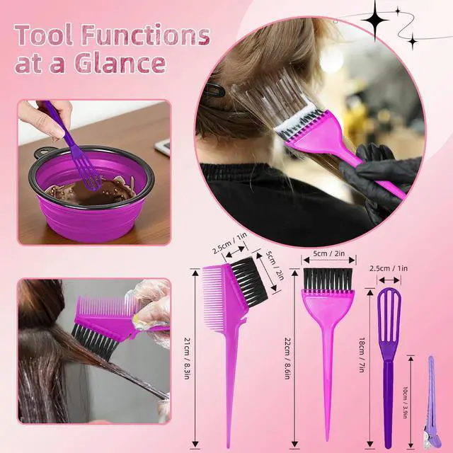 Alt view image 3 of 6 - 8 Pcs Hair Coloring Kit - Professional Hair Dye Tools for Home Salon Use with Bowl, Brush, Comb, Clips, Gloves & Shower Cap - Reusable Supplies (8, Purple)