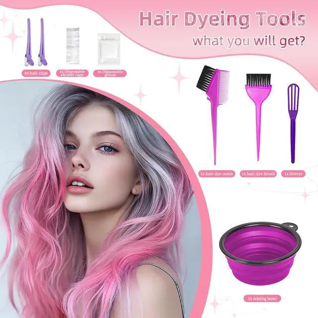 Alt view image 4 of 6 - 8 Pcs Hair Coloring Kit - Professional Hair Dye Tools for Home Salon Use with Bowl, Brush, Comb, Clips, Gloves & Shower Cap - Reusable Supplies (8, Purple)