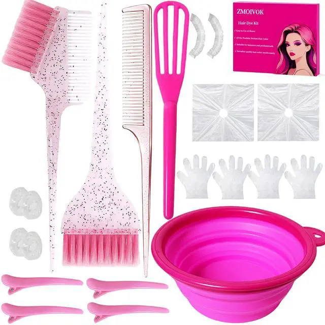 Main image of 21 Pcs Pink Hair Dye Kit Professional Salon Tools with Bowl