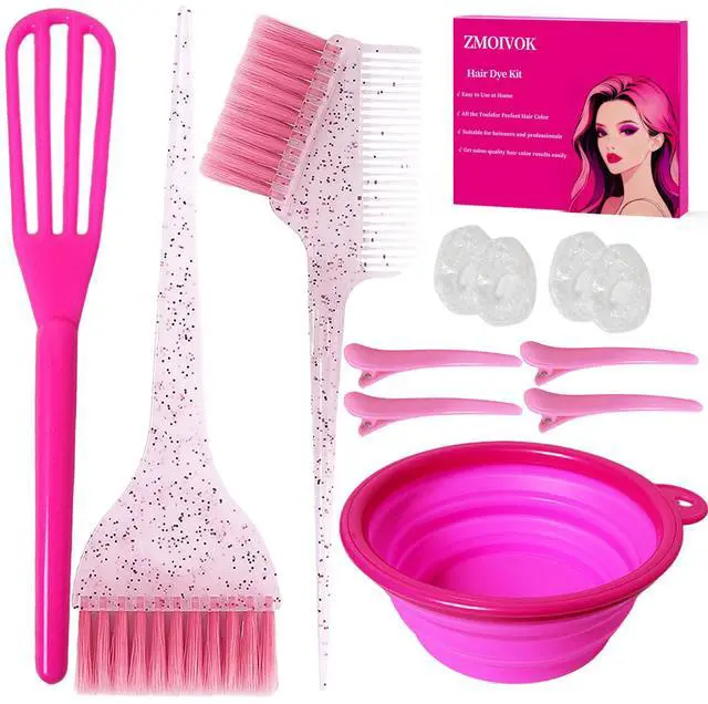 Main image of 12 pcs Hair Dye Kit Professional Salon Tools with Hair Dye Brush and Bowl Set Hair Bleach Kit,Dye Clips Gloves Ear Covers,for Hairstylist and Women Hair Bleaching Coloring Highlighting Kit (12, pink)