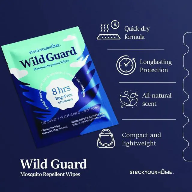 Alt view image 2 of 7 - Wild Guard Mosquito Repellent Wipes (25 Pack), DEET Free Insect Repellent, Individually Wrapped Bug Wipes for Kids and Family, Travel Size for Camping, Hiking and Beach, 8 Hour Protection