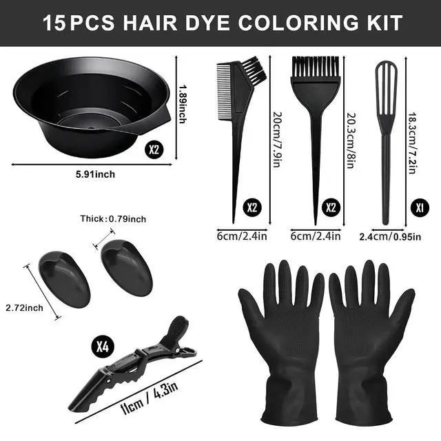 Alt view image 3 of 7 - Hair Dye Brush and Bowl Set, 15 PCS Professional Salon Hair Coloring Kit, DIY At-Home Dye Accessories with Tinting Bowl, Brush, Ear Covers, Gloves, Tint Comb, Agitator, Hairclips