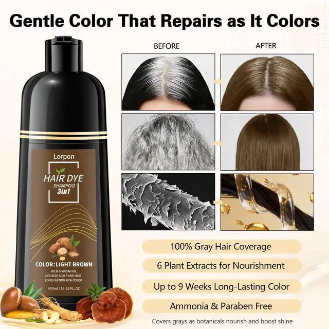 Alt view image 4 of 7 - Light Brown Hair Dye Shampoo 3 in 1 Semi Permanent Hair Color for Gray Coverage, Natural Light Brown Hair Dye for Women, with Argan Oil & Ginseng, Ammonia & Paraben Free, 400ml