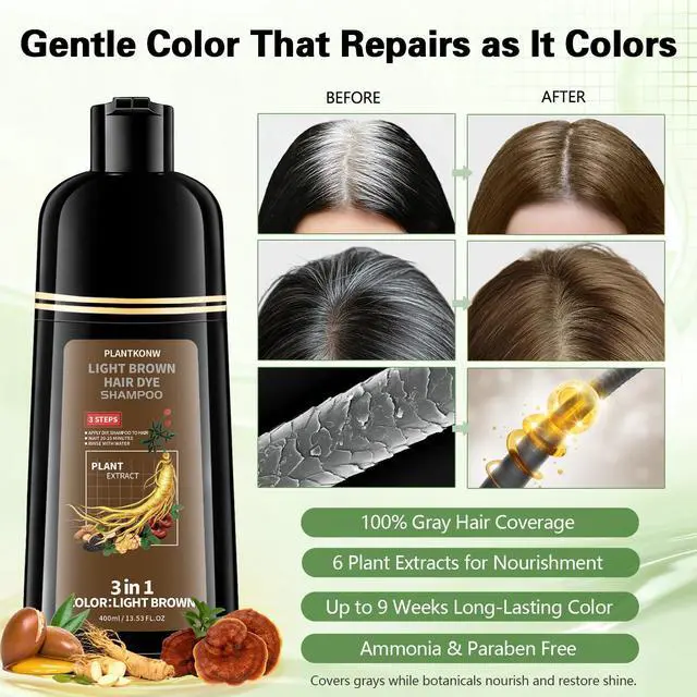 Alt view image 4 of 7 - Light Brown Hair Dye Shampoo, 3 In 1 Semi Permanent Hair Color Shampoo for Gray Coverage, Natural Hair Dye for Women & Men, Ammonia & Paraben Free