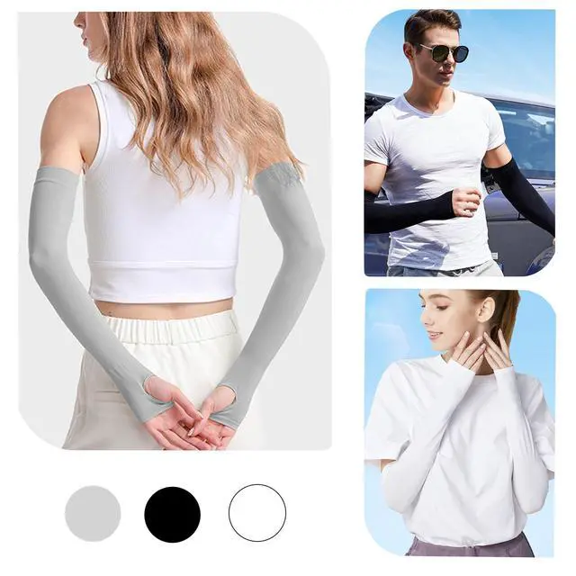 Alt view image 7 of 7 - 3 Pairs Comfy Arm Sleeves with Thumb Hole Protection Cooling Arm Sleeves 3 Colors Compression Long Women Summer Sun Arm Cover Sleeves Tattoo Cover for Sports Workouts Cycling Driving