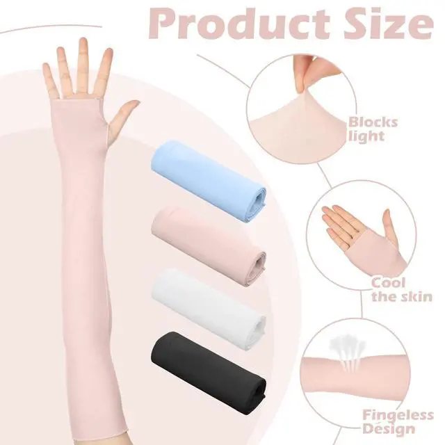 Alt view image 2 of 7 - 4 Pack Sun Protection UV Gloves Fingerless Elbow Length Gloves for Driving Oversleeve Women Men(Black, White, Pink, Blue)