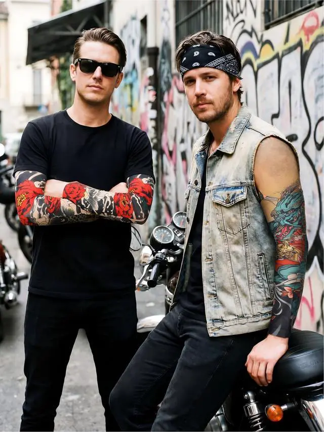 Alt view image 2 of 7 - 20 Pcs Men's Cooling Arm Sleeves Long Fingerless Arm Cover Anti Slip UV Protection Sun Temporary Tattoo Sleeves(Fashion Style,Striking Colors,Medium)