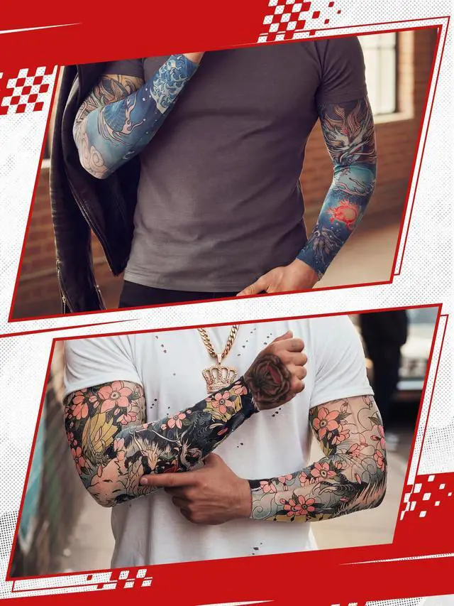 Alt view image 6 of 7 - 20 Pcs Men's Cooling Arm Sleeves Long Fingerless Arm Cover Anti Slip UV Protection Sun Temporary Tattoo Sleeves(Fashion Style,Striking Colors,Medium)