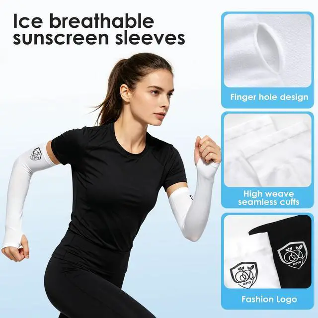 Alt view image 2 of 7 - Upgraded Cooling Arm Sleeves 2 Pairs Black White UPF 50+ UV Protection Ice Silk Breathable Stretchy One Size for Cycling Golf Running Gardening Driving (Black White 2 Pairs, One Size)