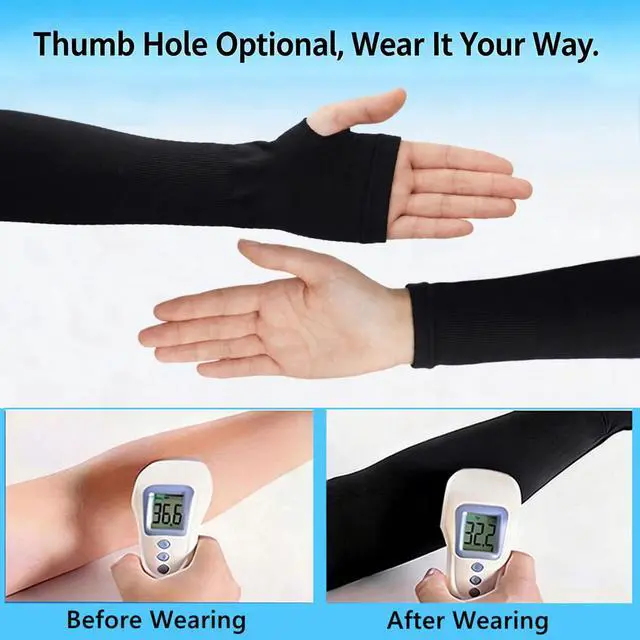 Alt view image 3 of 7 - Sun Protection Arm Sleeves With Thumb Holes for Men Women, Cooling Compression UV Arm Cover, Outdoor Sports Sleeve (Black 1 pair)