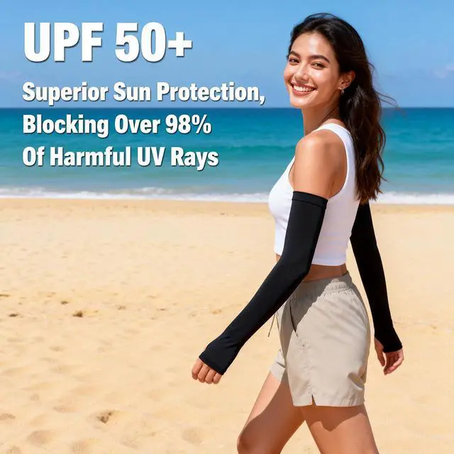 Alt view image 4 of 7 - Sun Protection Arm Sleeves With Thumb Holes for Men Women, Cooling Compression UV Arm Cover, Outdoor Sports Sleeve (Black 1 pair)