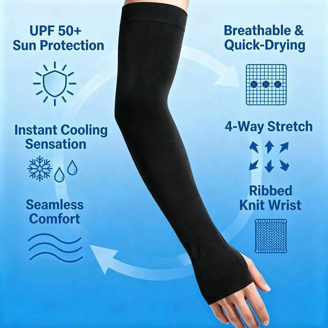 Alt view image 6 of 7 - Sun Protection Arm Sleeves With Thumb Holes for Men Women, Cooling Compression UV Arm Cover, Outdoor Sports Sleeve (Black 1 pair)