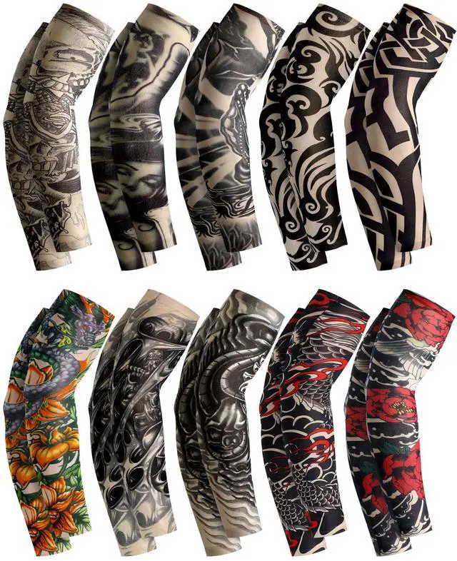 Main image of 20 Pcs Men's Cooling Arm Sleeves Long Fingerless Arm Cover Anti Slip UV Protection Sun Temporary Tattoo Sleeves(Multi Style,Classic Colors,Medium)