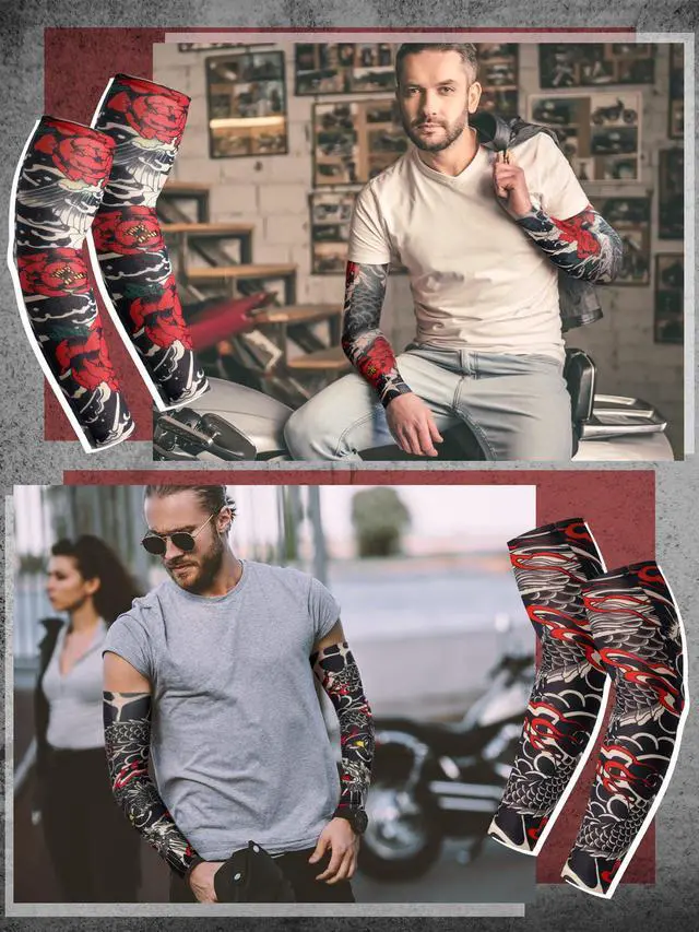 Alt view image 2 of 7 - 20 Pcs Men's Cooling Arm Sleeves Long Fingerless Arm Cover Anti Slip UV Protection Sun Temporary Tattoo Sleeves(Multi Style,Classic Colors,Medium)
