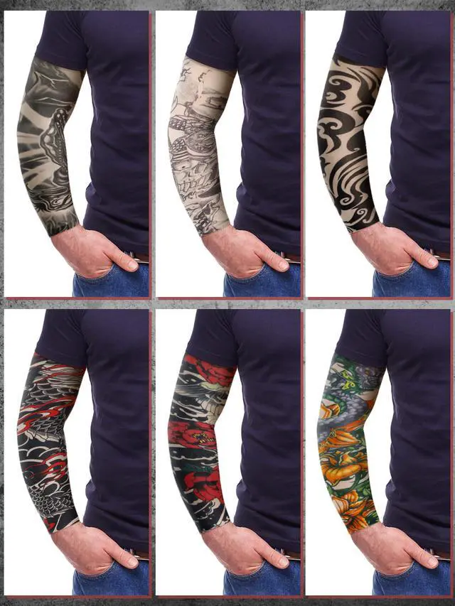 Alt view image 6 of 7 - 20 Pcs Men's Cooling Arm Sleeves Long Fingerless Arm Cover Anti Slip UV Protection Sun Temporary Tattoo Sleeves(Multi Style,Classic Colors,Medium)