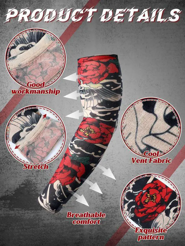 Alt view image 5 of 7 - 20 Pcs Men's Cooling Arm Sleeves Long Fingerless Arm Cover Anti Slip UV Protection Sun Temporary Tattoo Sleeves(Multi Style,Classic Colors,Medium)