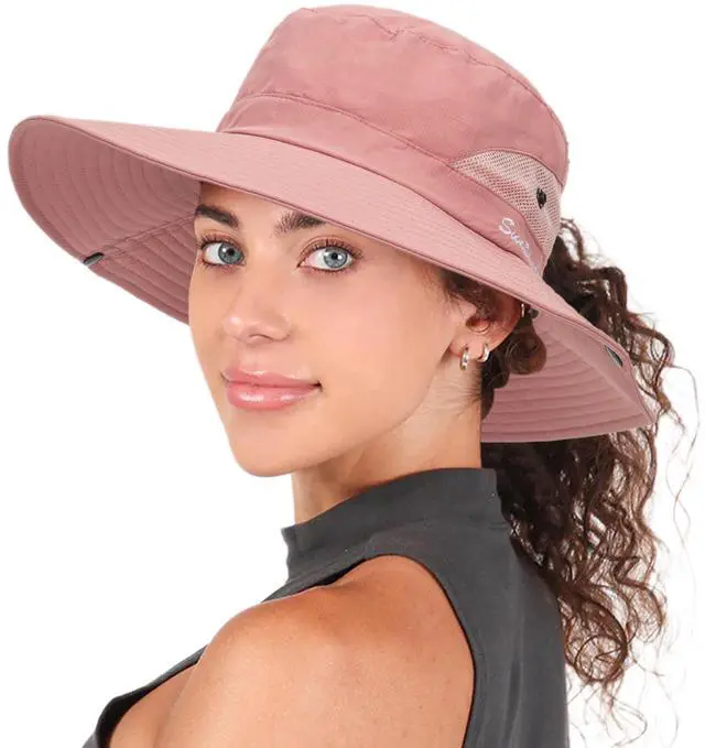 Main image of Womens Summer Sun Hat Beach Hat Wide Brim Outdoor UV Protection Hat Packable Mesh Bucket Hat with Ponytail Hole