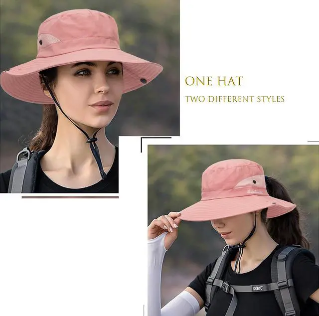 Alt view image 4 of 7 - Womens Summer Sun Hat Beach Hat Wide Brim Outdoor UV Protection Hat Packable Mesh Bucket Hat with Ponytail Hole