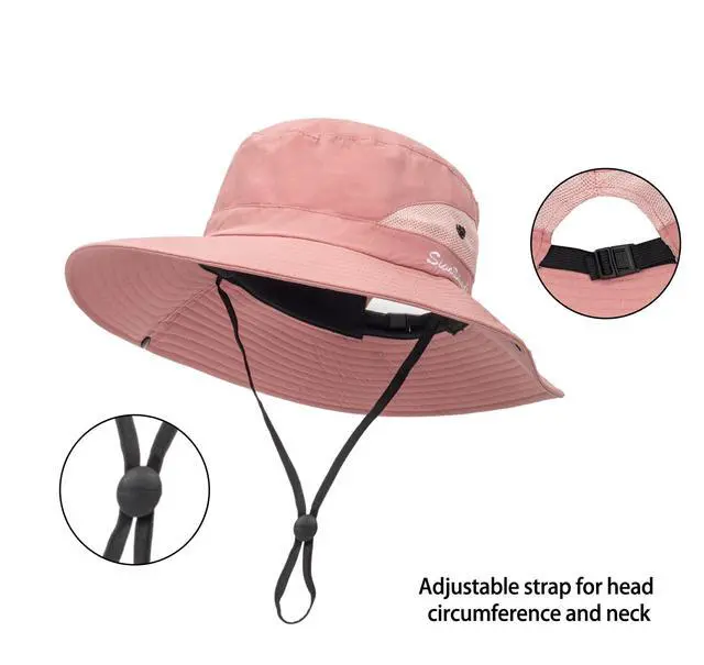 Alt view image 2 of 7 - Womens Summer Sun Hat Beach Hat Wide Brim Outdoor UV Protection Hat Packable Mesh Bucket Hat with Ponytail Hole