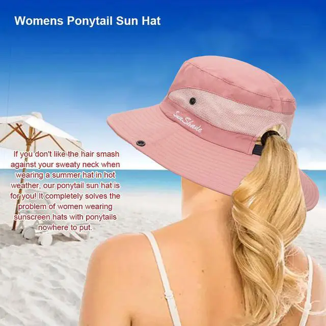 Alt view image 6 of 7 - Womens Summer Sun Hat Beach Hat Wide Brim Outdoor UV Protection Hat Packable Mesh Bucket Hat with Ponytail Hole