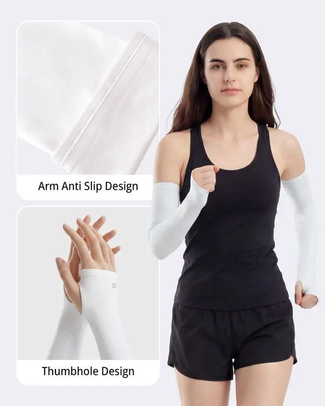 Alt view image 3 of 7 - Sun Protection Cooling Arm Sleeves with Thumb Holes Golf Sport UV Arm Covers Gardening Outdoor (White,L)