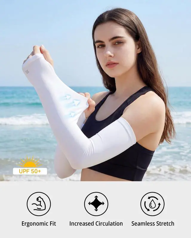 Alt view image 2 of 7 - Sun Protection Cooling Arm Sleeves with Thumb Holes Golf Sport UV Arm Covers Gardening Outdoor (White,L)