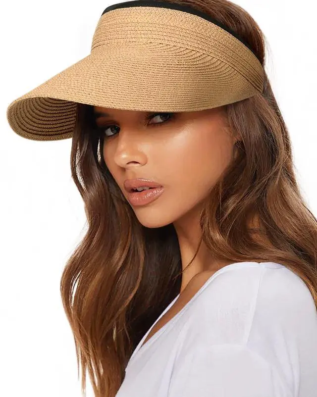 Main image of Womens Sun Visor Hat Straw Sun Visors for Women Summer Packable Ponytail Beach Hats for Women Travel UPF 80+ Khaki