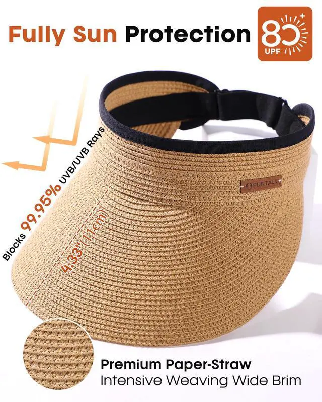 Alt view image 2 of 6 - Womens Sun Visor Hat Straw Sun Visors for Women Summer Packable Ponytail Beach Hats for Women Travel UPF 80+ Khaki