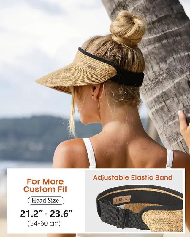 Alt view image 3 of 6 - Womens Sun Visor Hat Straw Sun Visors for Women Summer Packable Ponytail Beach Hats for Women Travel UPF 80+ Khaki