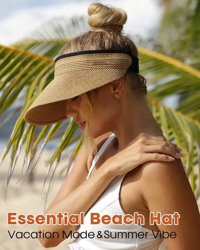 Alt view image 5 of 6 - Womens Sun Visor Hat Straw Sun Visors for Women Summer Packable Ponytail Beach Hats for Women Travel UPF 80+ Khaki