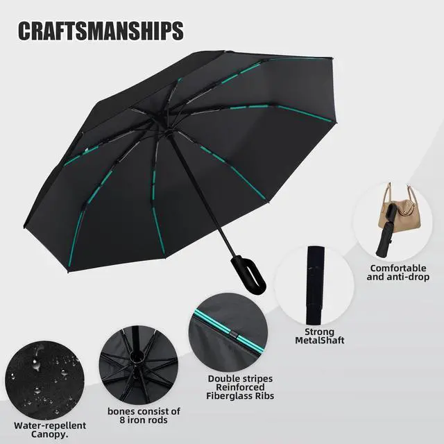 Alt view image 2 of 7 - Compact Automatic Folding Travel Umbrella - Windproof Rainproof Backpack Hook Design, UPF50+ Sun Protection for Hiking, Outdoor, School, Golf Course & Daily Use, Sturdy Multi-Ribbed Frame