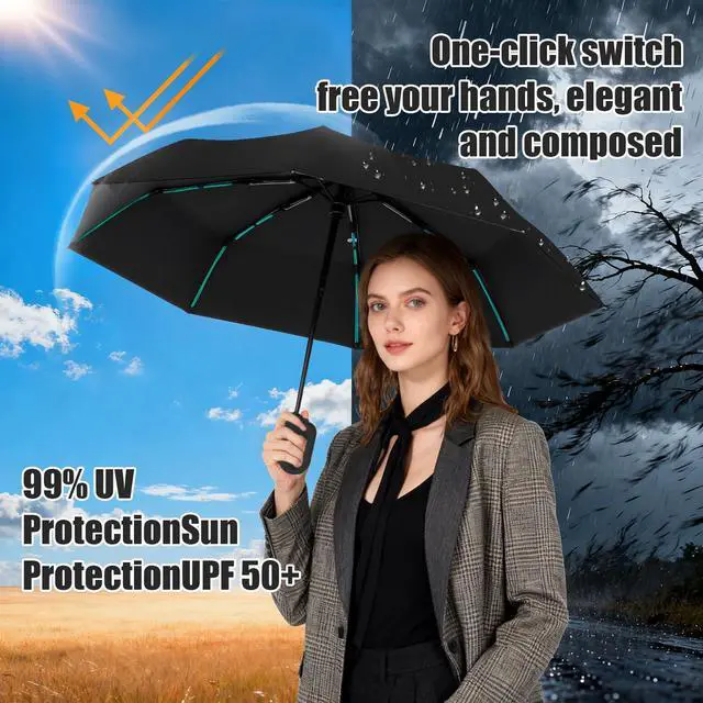 Alt view image 3 of 7 - Compact Automatic Folding Travel Umbrella - Windproof Rainproof Backpack Hook Design, UPF50+ Sun Protection for Hiking, Outdoor, School, Golf Course & Daily Use, Sturdy Multi-Ribbed Frame