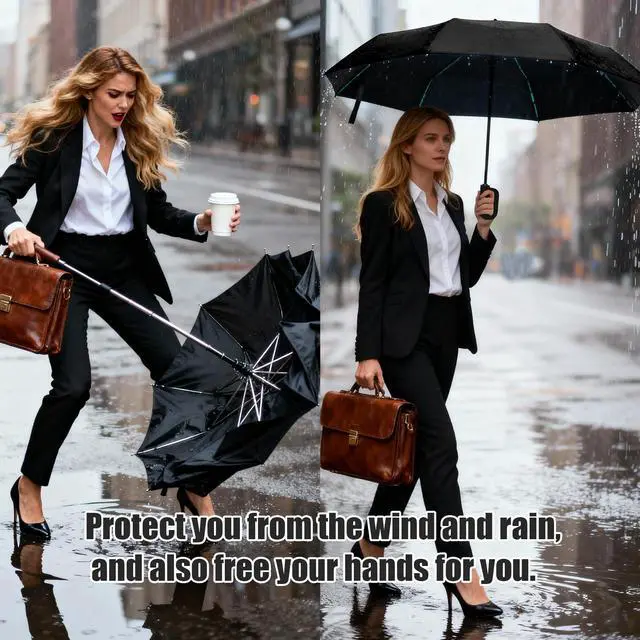 Alt view image 6 of 7 - Compact Automatic Folding Travel Umbrella - Windproof Rainproof Backpack Hook Design, UPF50+ Sun Protection for Hiking, Outdoor, School, Golf Course & Daily Use, Sturdy Multi-Ribbed Frame