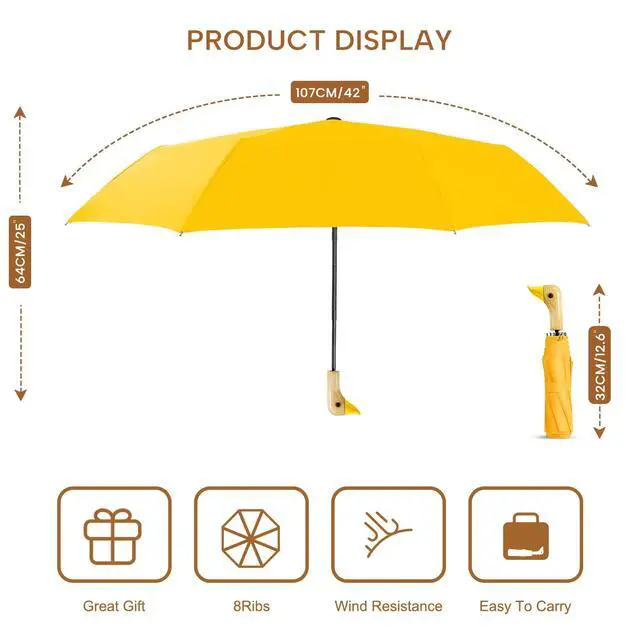 Alt view image 2 of 7 - Compact Umbrellas for Rain&Sun, Travel Umbrella Cute Duck Head Handle Design for Girls Gifts, Steady 8 Ribs Folding Umbrella Lightweight and Small,Yellow