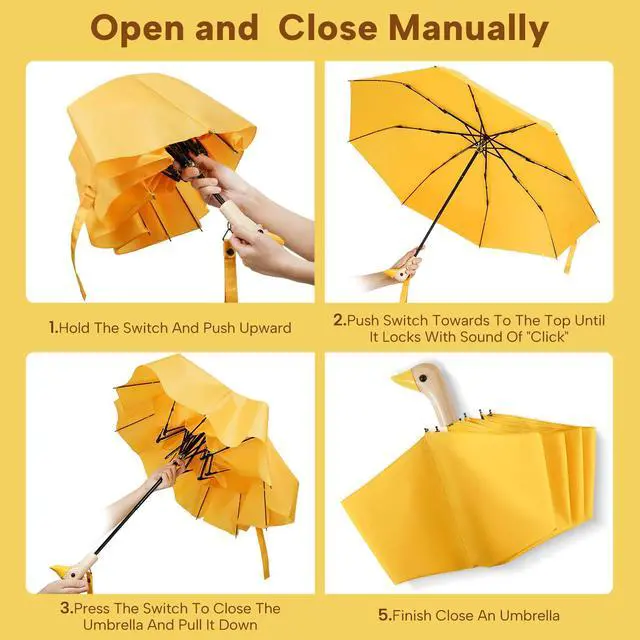 Alt view image 7 of 7 - Compact Umbrellas for Rain&Sun, Travel Umbrella Cute Duck Head Handle Design for Girls Gifts, Steady 8 Ribs Folding Umbrella Lightweight and Small,Yellow