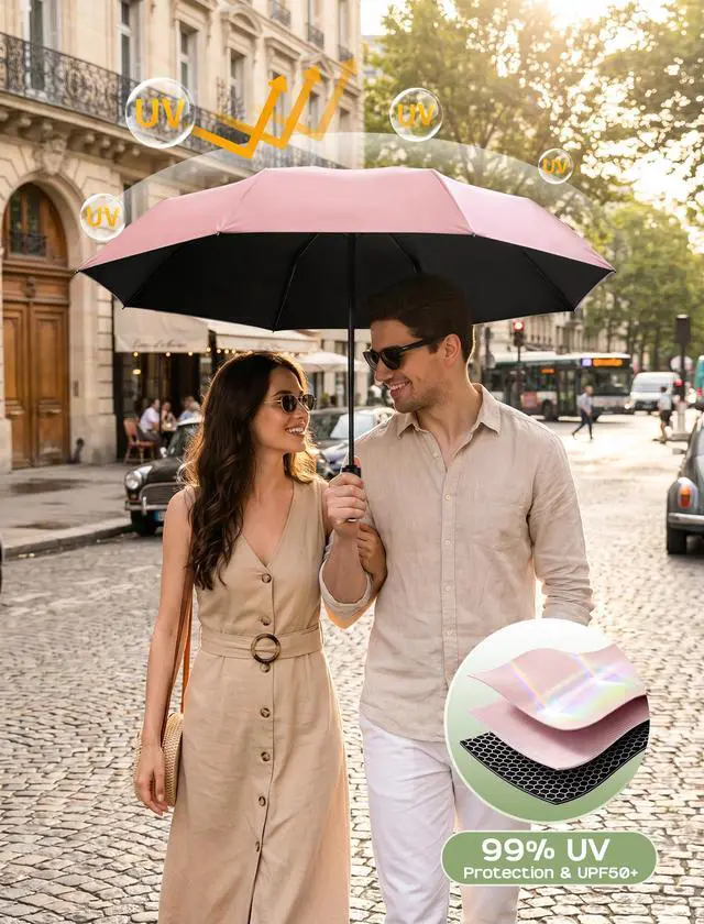 Alt view image 4 of 7 - Compact Travel Umbrella for Rain - Windproof Automatic Umbrellas, UV Umbrella for Sun Protection with Black Anti-UV Coating, Portable Small Umbrellas for Backpack, Car, Walking, Kids, Women