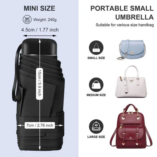 Alt view image 5 of 7 - Compact Travel Umbrella with Case - Mini Umbrella for Purse, Small Lightweight &Tiny Design Perfect for Parasol Outdoor Sun&Rain Umbrellas, Black color