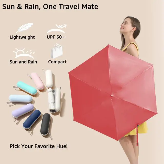 Alt view image 7 of 7 - Travel Essentials Mini Umbrella for Purse With Case Small Compact UV Sun Protection Lightweight Tiny Pocket Manual Open Close Umbrella for Women Kids and Men Fits Purse Backpack