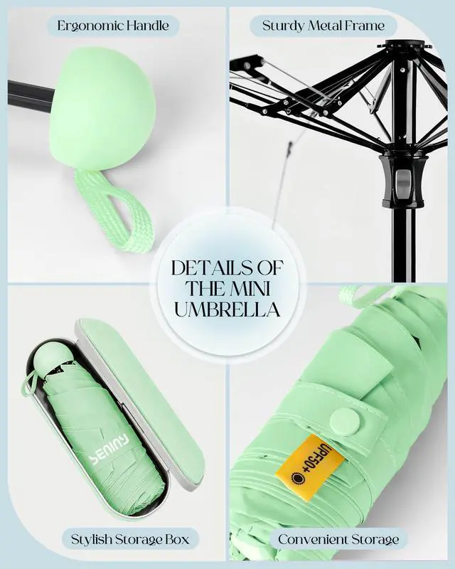 Alt view image 7 of 7 - Mini Portable Travel Umbrella with Case - Compact Umbrellas for Rain & Sun UV Protection for Backpack Pocket, Lightweight Folding Small Umbrella, Tiny Purse Size UV Blocker for Kids Women Girls