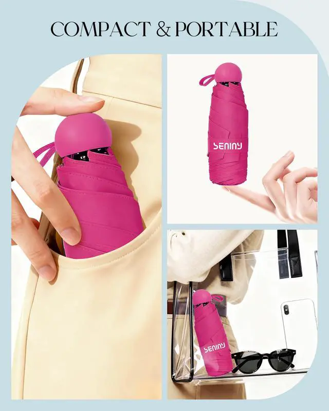 Alt view image 3 of 7 - Mini Portable Travel Umbrella with Case - Compact Umbrellas for Rain & Sun UV Protection for Backpack Pocket, Lightweight Folding Small Umbrella, Tiny Purse Size UV Blocker for Kids Women Girls