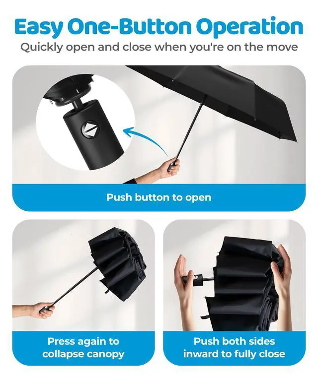Alt view image 4 of 7 - Windproof Compact Umbrellas for Rain - Strong Reinforced Fiberglass Rib Design & Auto Open & Close - Portable Folding Travel Umbrella - Lightweight & Packable for Women & Men, Easy Collapse