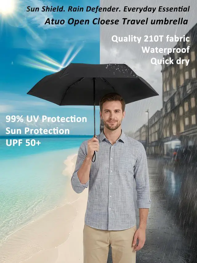 Alt view image 2 of 6 - Compact Travel Umbrella Small Windproof Auto Open Close for UV Sun Protection UPF 50+ and Rain Fits Backpack Purse & Suitcase