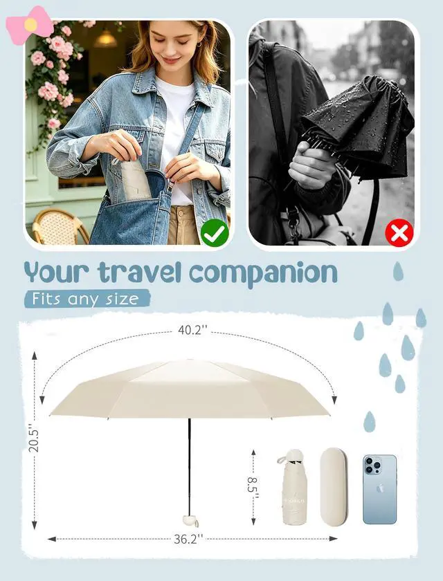 Alt view image 2 of 7 - Travel Umbrella Compact with Case - Small Umbrellas for Rain, Lightweight Mini Sun Umbrella UV Protection, Folding Portable Umbrellas for Backpack, Pocket, Purse, Kids, Women, Girls, Tiny Size