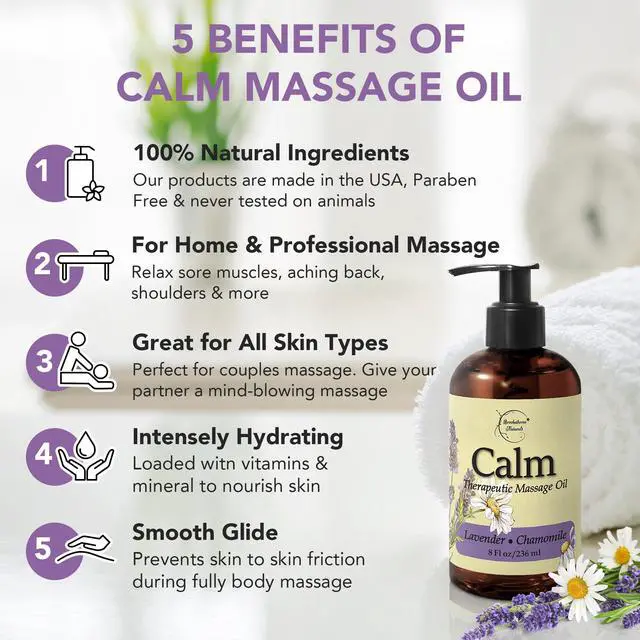Alt view image 2 of 7 - Calm Massage Oil for Massage Therapy with Lavender & Chamomile Essential Oils to Relax Sore Muscles | All Natural with Coconut, Grapeseed & Jojoba for Smooth Skin