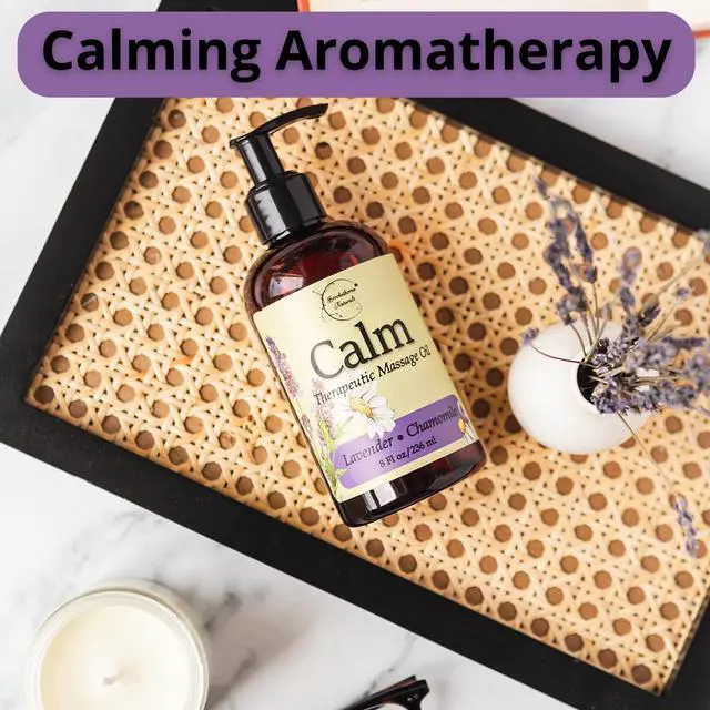 Alt view image 7 of 7 - Calm Massage Oil for Massage Therapy with Lavender & Chamomile Essential Oils to Relax Sore Muscles | All Natural with Coconut, Grapeseed & Jojoba for Smooth Skin