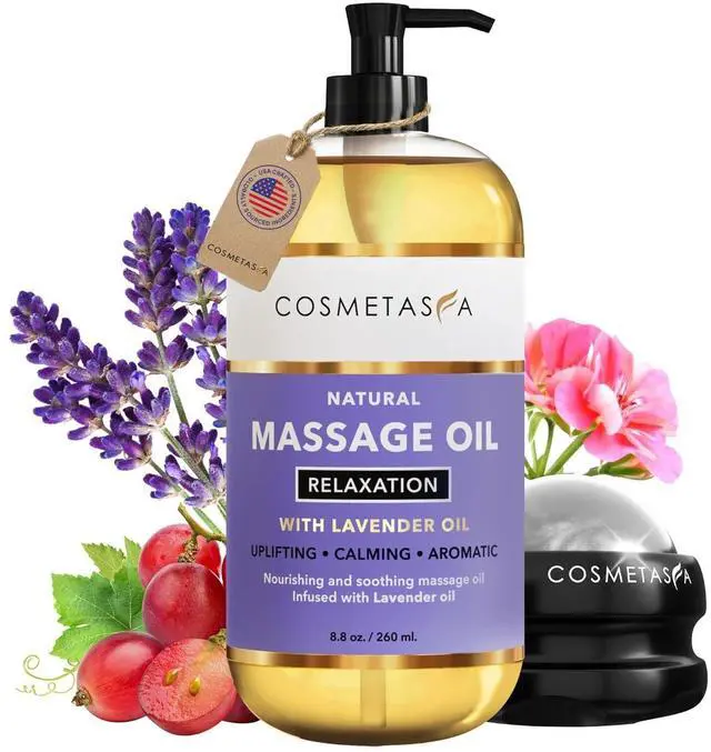 Main image of Lavender Massage Oil for Massage Therapy with Roller - All Natural, Cruelty-Free & Spa Quality Skin Therapy Oil & Soothing Care - Lavender, Geranium & Grapeseed Oil (8.8 oz)