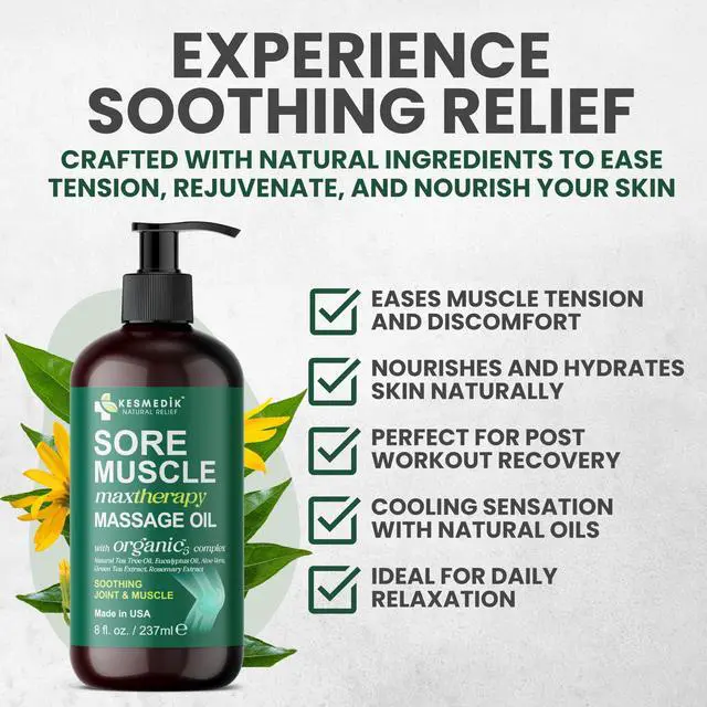 Alt view image 2 of 7 - Sore Muscle Massage Oil for Massage Therapy with Arnica, Eucalyptus & Tea Tree Oil Blend for Deep Muscle Relief, Recovery, Softens Skin & Anti-Cellulite Massage for Professional & Home Use.