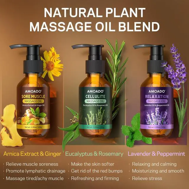 Alt view image 2 of 7 - Massage Oil for Massage Therapy, Arnica & Ginger Oil, Lavender & Mint Oil, Eucalyptus & Rosemary Essential Oils, Sore Muscle Relief, Anti Cellulite, Relaxation, Body Massage Oils Spa Gift Set, 10.5oz