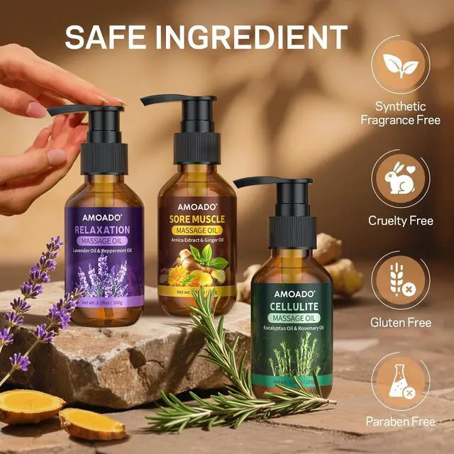 Alt view image 4 of 7 - Massage Oil for Massage Therapy, Arnica & Ginger Oil, Lavender & Mint Oil, Eucalyptus & Rosemary Essential Oils, Sore Muscle Relief, Anti Cellulite, Relaxation, Body Massage Oils Spa Gift Set, 10.5oz